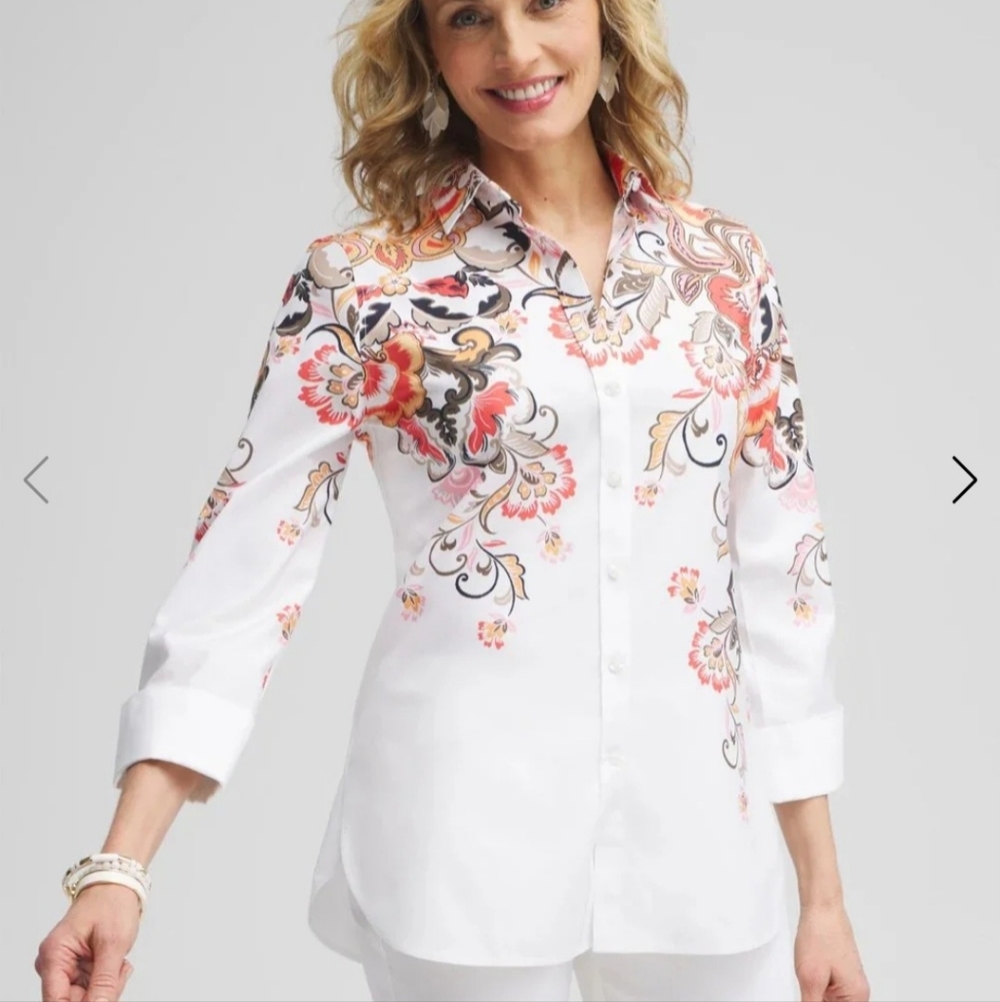 Chico's No Iron Stretch Warm Floral Shirt Women's Sz 0 Small Lightweight Spring